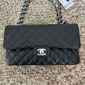 NWT! Medium Chanel Classic Double Flap. Black Caviar Leather. Silver Hardware.